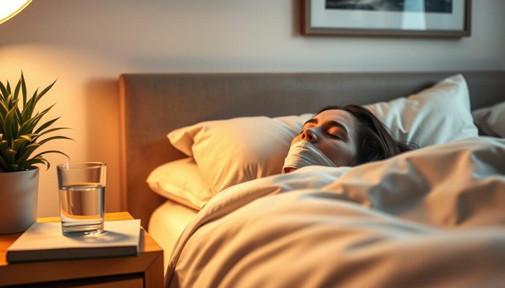 A serene bedroom scene with a patient resting comfortably on a soft, plush bed. Warm, diffused lighting casts a gentle glow, creating a soothing atmosphere. In the foreground, a nightstand holds a glass of water and a book, while a potted plant adds a touch of greenery. The patient's face is relaxed, their bandaged mouth indicating a recent frenectomy procedure. On the wall, a framed art piece adds a calming visual element. The overall mood conveys a sense of tranquility and healing, reflecting the patient's post-procedure care and recovery.