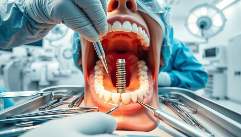 A meticulously detailed surgical scene showcasing the two-stage dental implant procedure. In the foreground, a skilled surgeon delicately places a titanium dental implant fixture into the patient's jawbone. Surrounding the surgical site, medical instruments and tools are neatly arranged on a sterile tray. In the middle ground, the patient's mouth is gently held open, exposing the precise incision and bone preparation. The background depicts a modern, well-lit operating room with crisp, clean surfaces and state-of-the-art medical equipment. The lighting is bright yet softened, creating a professional and sterile atmosphere. The camera angle offers a clear, unobstructed view of the intricate surgical steps, capturing the technical precision of this delicate procedure.