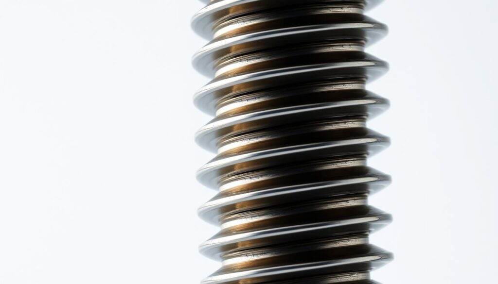 A close-up view of a titanium dental implant cylinder with a polished, metallic surface. The implant structure is showcased against a clean, softly lit background, highlighting its precision engineering and durability. The cylinder has a tapered design with a threaded exterior, capturing the intricate details that allow for secure integration with the jawbone. The lighting casts subtle shadows, emphasizing the cylindrical form and the smooth, uniform texture of the titanium material. The overall composition conveys the advanced technology and reliability of this dental implant solution.