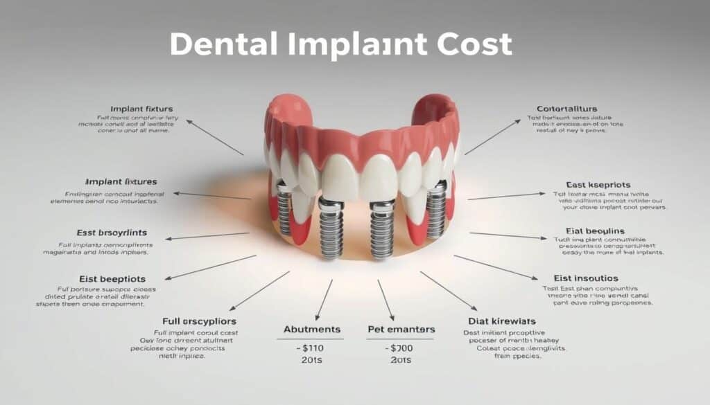 A detailed breakdown of dental implant costs, showcasing various components that contribute to the overall expense. Prominently featured in the center, a set of full mouth dental implants, meticulously rendered with realistic textures and lighting. Surrounding the implants, a clear visualization of the cost breakdown, including individual line items such as the implant fixtures, abutments, crowns, and any additional procedures. The layout is clean and organized, emphasizing the informative nature of the image. The lighting is soft and evenly distributed, creating a professional and authoritative atmosphere. The camera angle is slightly elevated, providing a comprehensive view of the subject matter.