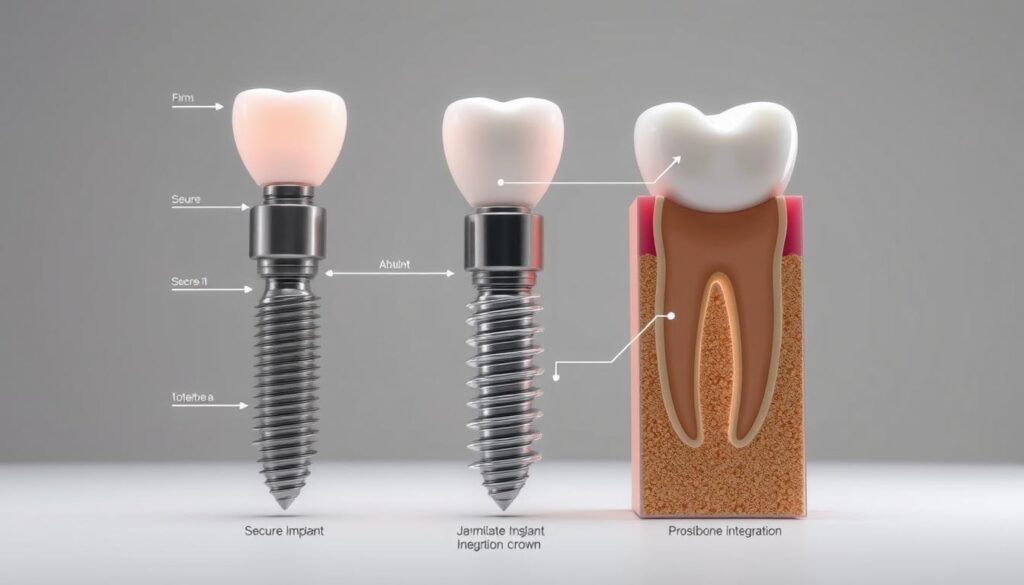 A detailed, well-lit cross-sectional diagram demonstrating the various components and benefits of a hybrid dental implant system. The foreground shows a close-up view of the implant, abutment, and prosthetic crown, highlighting the secure fit and seamless integration. The middle ground showcases the jawbone integration and the unique hybrid design that combines the strengths of traditional and modern implant technologies. The background features a neutral, minimalist backdrop that allows the technical details to take center stage. The overall mood is informative and educational, conveying the innovative nature of this dental restoration solution.