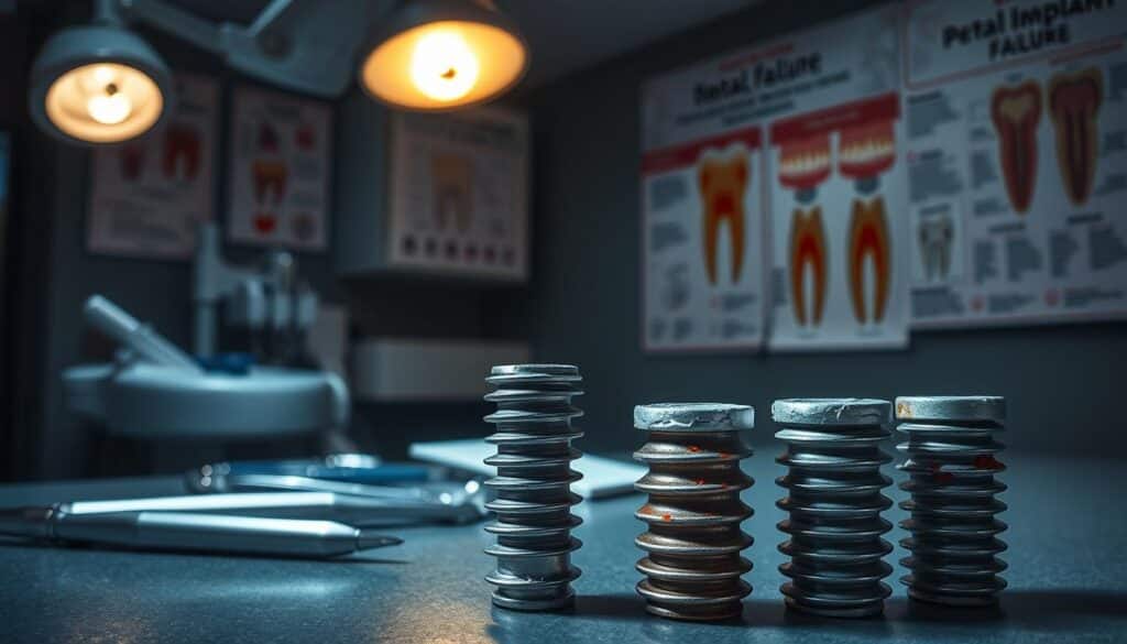 A dimly lit dental clinic interior, with a close-up view of a patient's mouth. In the foreground, a set of dental implants are prominently displayed, their surfaces marred by visible signs of deterioration and corrosion. The midground showcases various dental tools and instruments, hinting at the complex procedures involved in implant placement and maintenance. In the background, a display of anatomical diagrams and informational charts provides context, highlighting the common causes of implant failure, such as peri-implantitis, poor oral hygiene, and insufficient bone density. The overall mood is somber and investigative, reflecting the gravity of the "Dental Implant Failure: Who's to Blame?" subject matter.