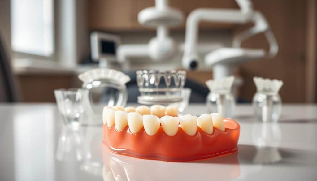 A well-lit, macro-level view of temporary dental solutions for dental implants. In the foreground, a set of partial dentures sits atop a sleek, reflective surface, showcasing its realistic teeth and lifelike gum-colored base. The middle ground features a selection of snap-on crowns and bridges, their translucent materials and intricate details capturing the precision of modern temporary restorations. In the background, a blurred dental office setting provides context, with clean, modern equipment and soft lighting suggesting a professional, clinical environment. The overall scene conveys the temporary and transitional nature of these solutions, highlighting their role in the implant process before the final, permanent restoration is completed.